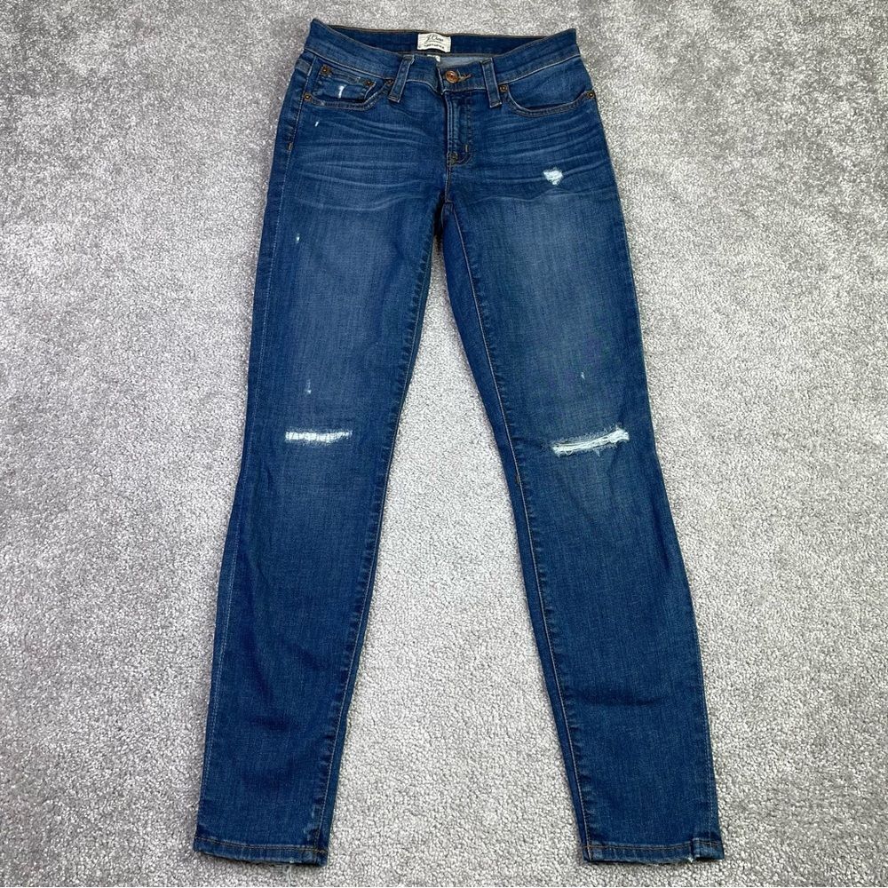 J. Crew Toothpick Jeans Women's 24 Blue  Skinny Low Rise Dark Denim Distressed